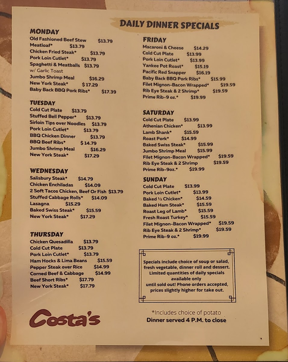 Costa's Family Restaurant Menu - Image 3