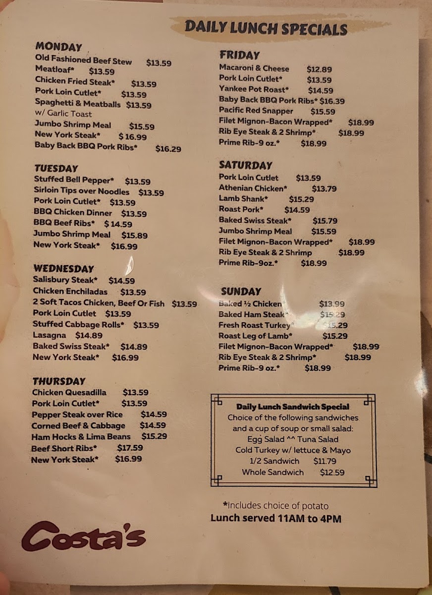 Costa's Family Restaurant Menu - Image 4